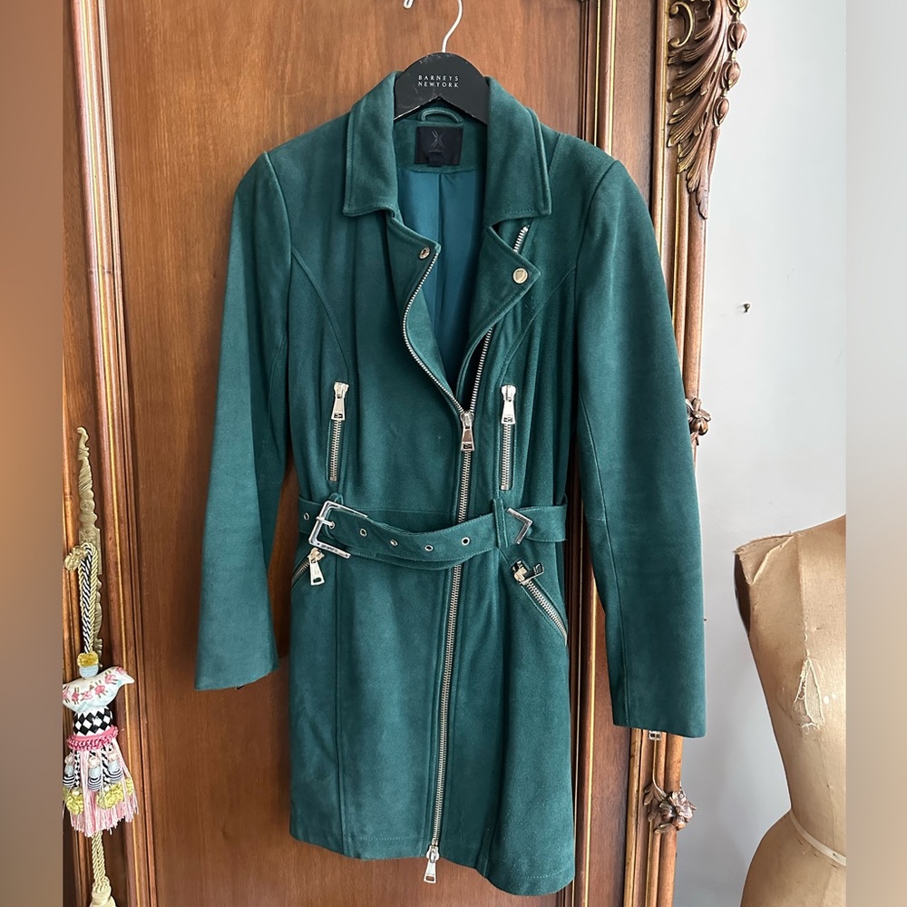 Revolve X NBD Green Leather Belted Dress Jacket Pockets Zippers Size 2